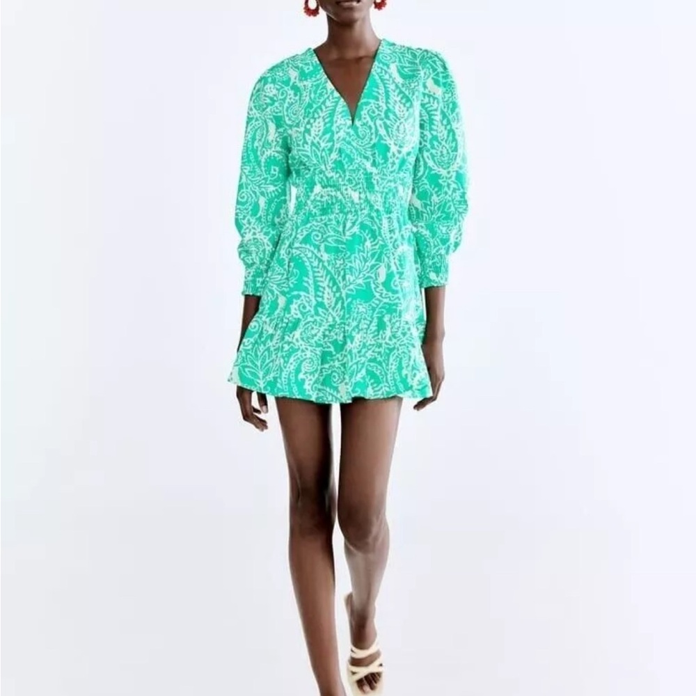 Zara Green Puff Sleeve Mini Dress
